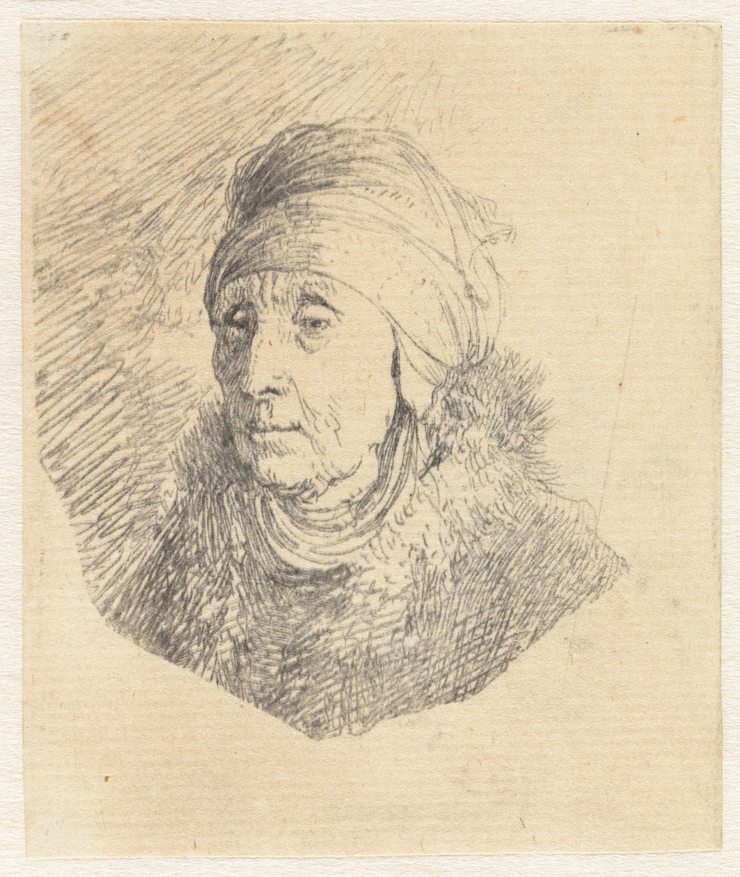 Femme portant une coiffe haute enroulée autour du menton : buste - Rembrandt van Rijn