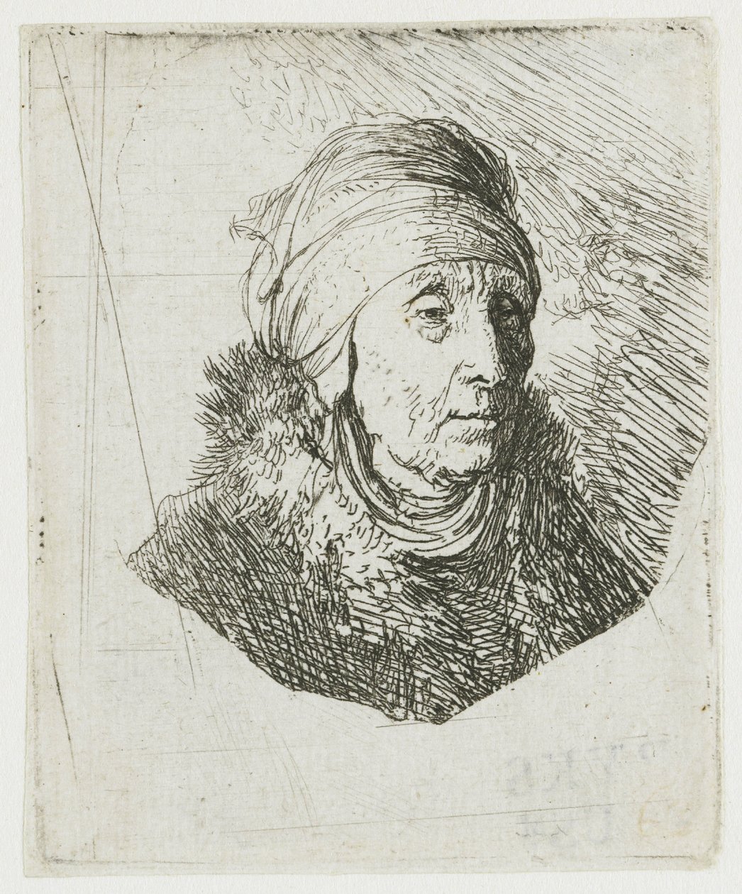 Femme portant une coiffe haute enroulée autour du menton : buste - Rembrandt van Rijn