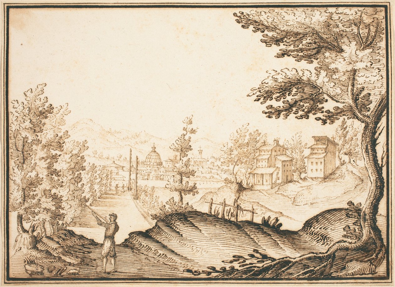 Paysage avec un bâtiment à dôme - Remigio Cantagallina