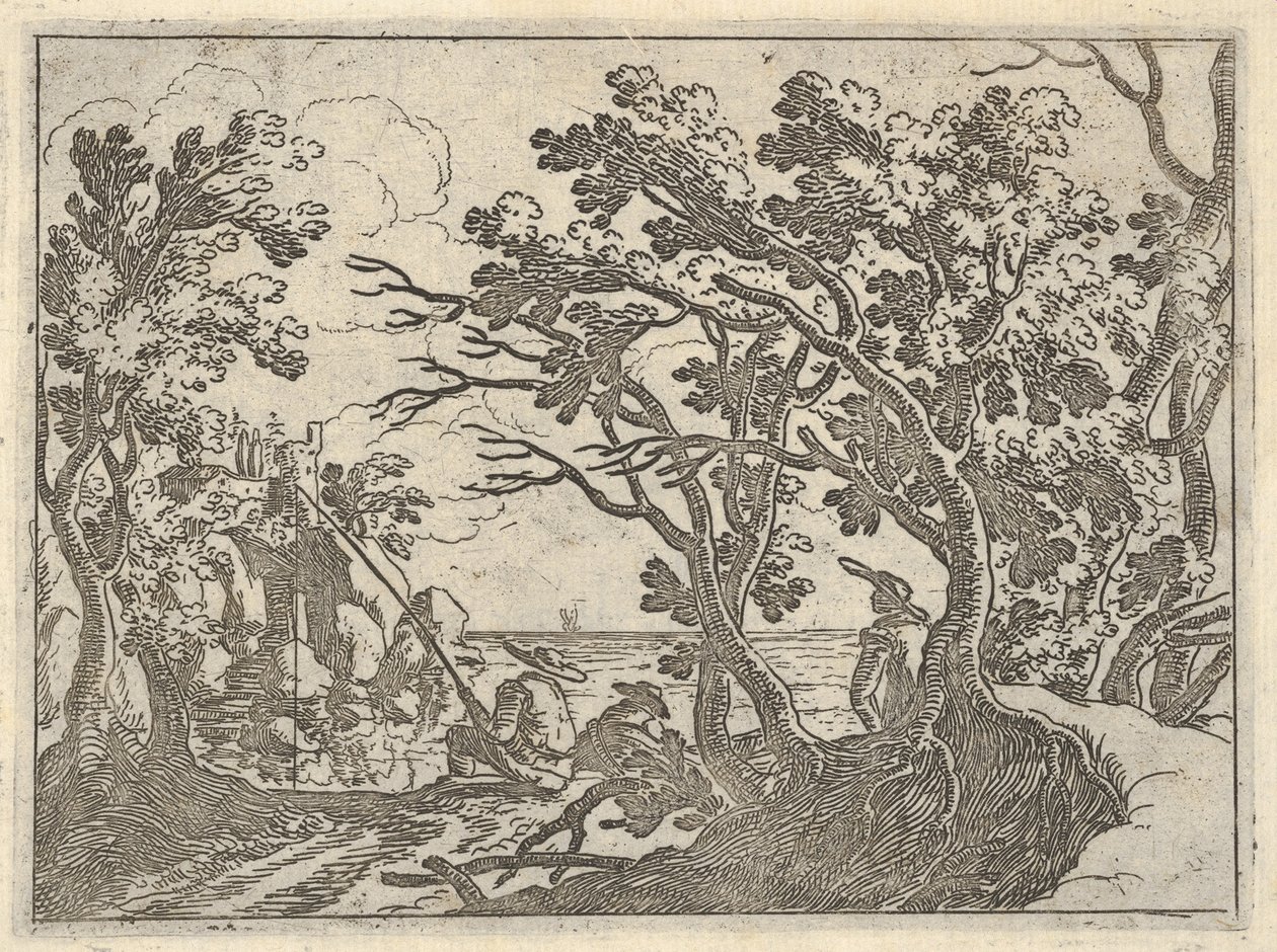 Paysage avec pêcheur à terre et observateur masculin sous les arbres, un homme dans un bateau - Remigio Cantagallina