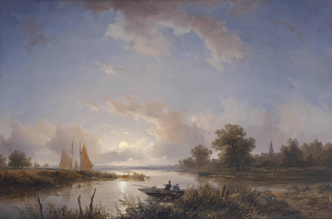 Pêcheurs dans un bateau à rames au crépuscule - Remigius Adrianus Haanen
