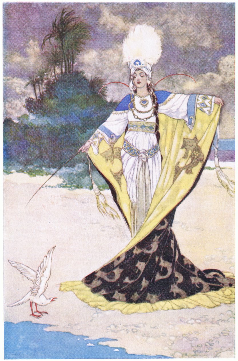 La princesse Giauhara transforme le roi Beder en oiseau blanc, années 1930 - René Bull