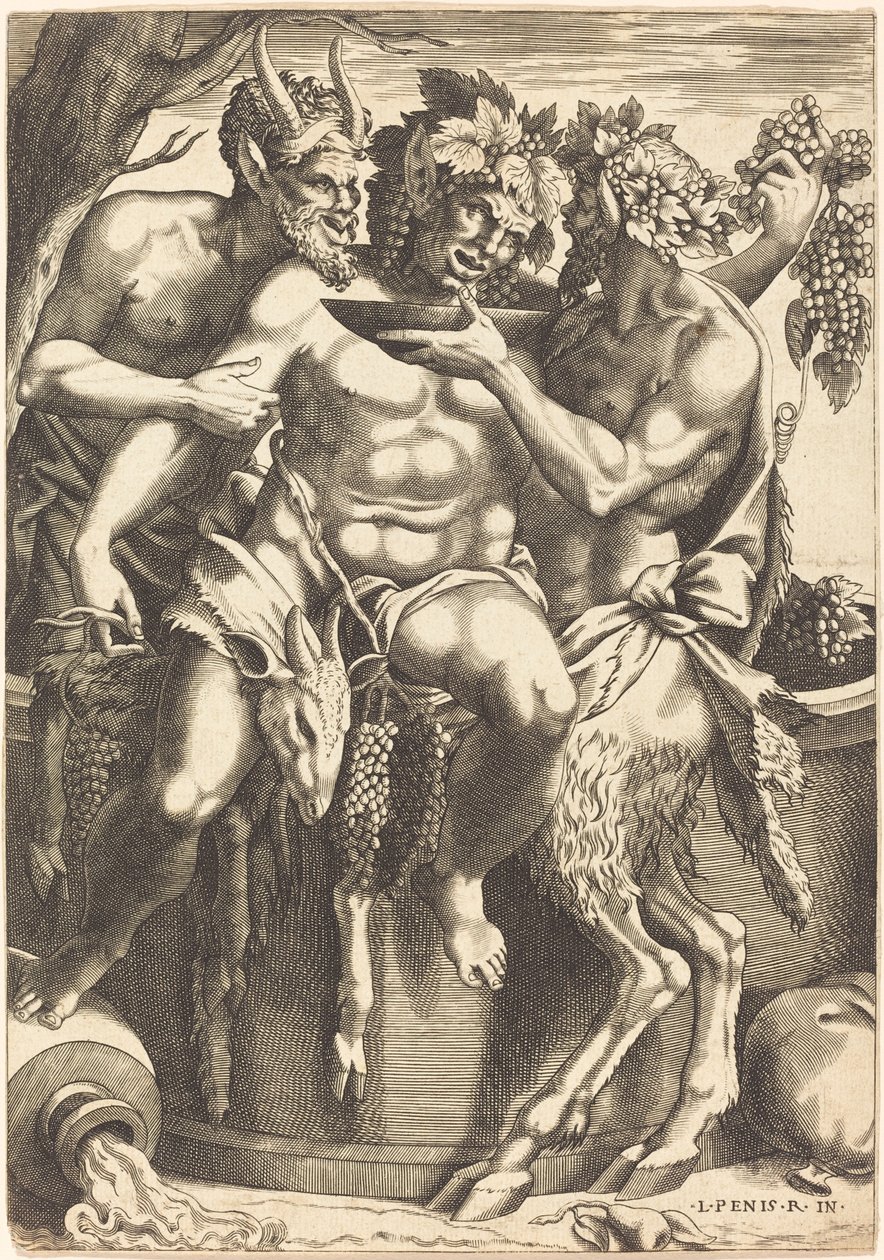 Deux satyres donnant à boire à Bacchus - René Boyvin after Luca Penni