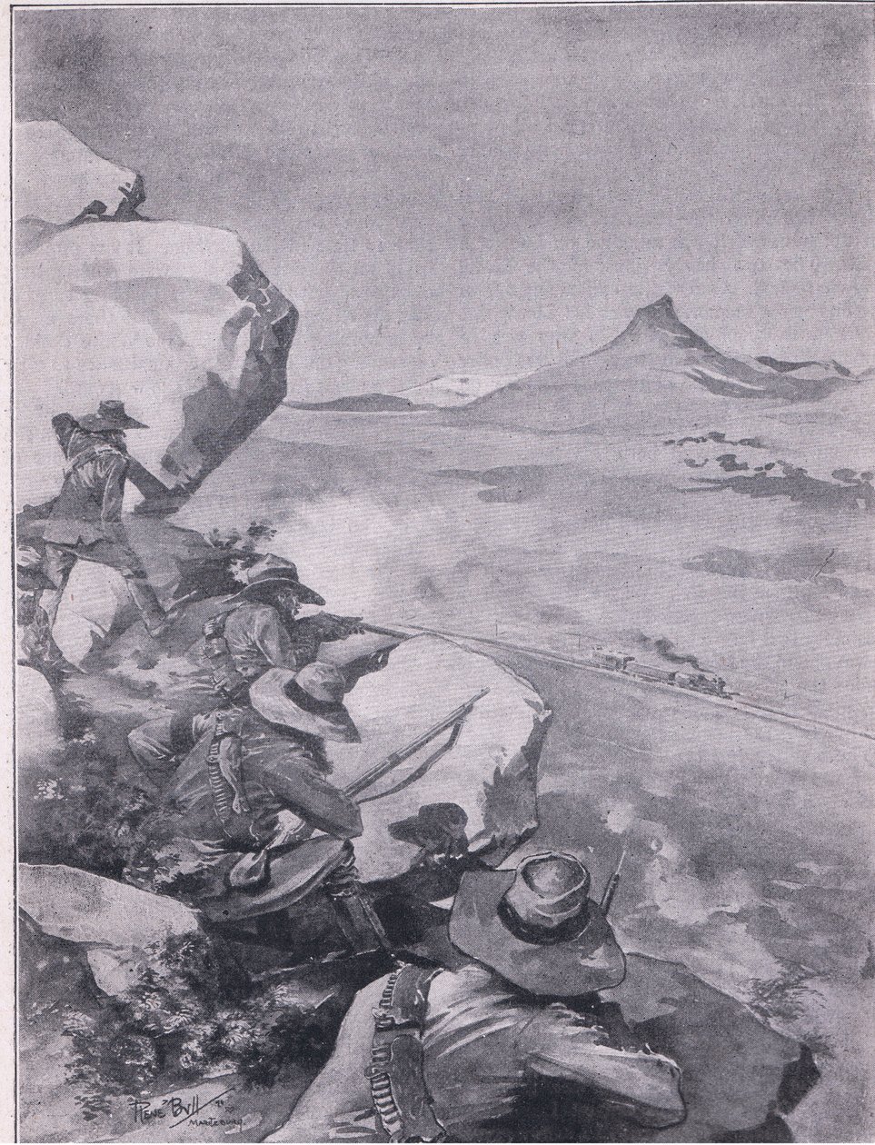 Les Boers tirant sur le train du général French - René Bull