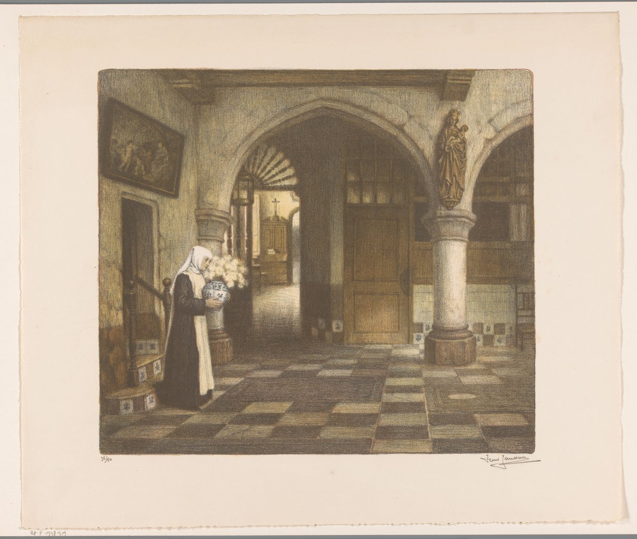 Nonne dans un cloître avec un vase de fleurs - René Janssens (signed by artist)