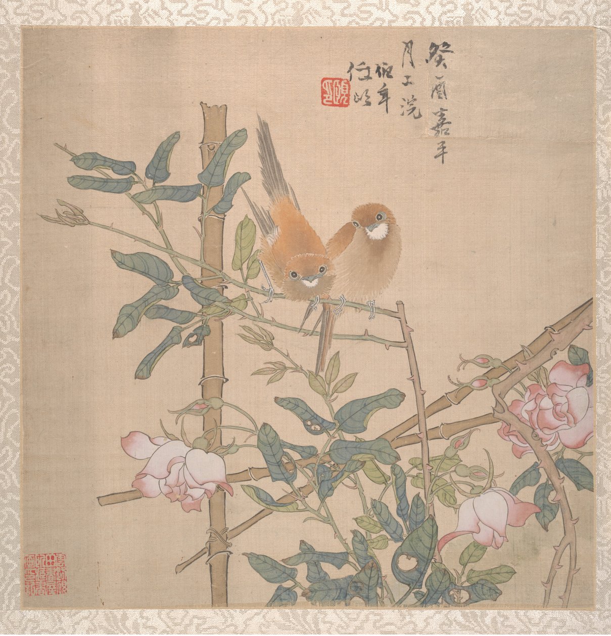 Deux oiseaux perchés sur un rosier en fleurs, fin du 19ème siècle - Ren Yi