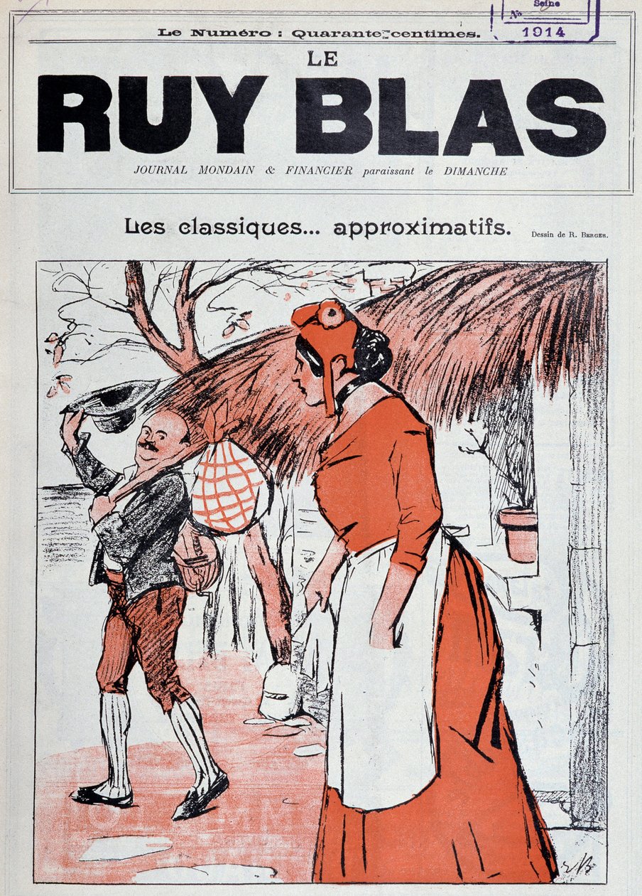 Marianne en paysanne, un mouchoir à la main, sur les marches de sa maison, regardant un homme sortir pour la saluer - Dessin de R. Berger pour la couverture de Ruy Blas, janvier 1 - Rene Berger