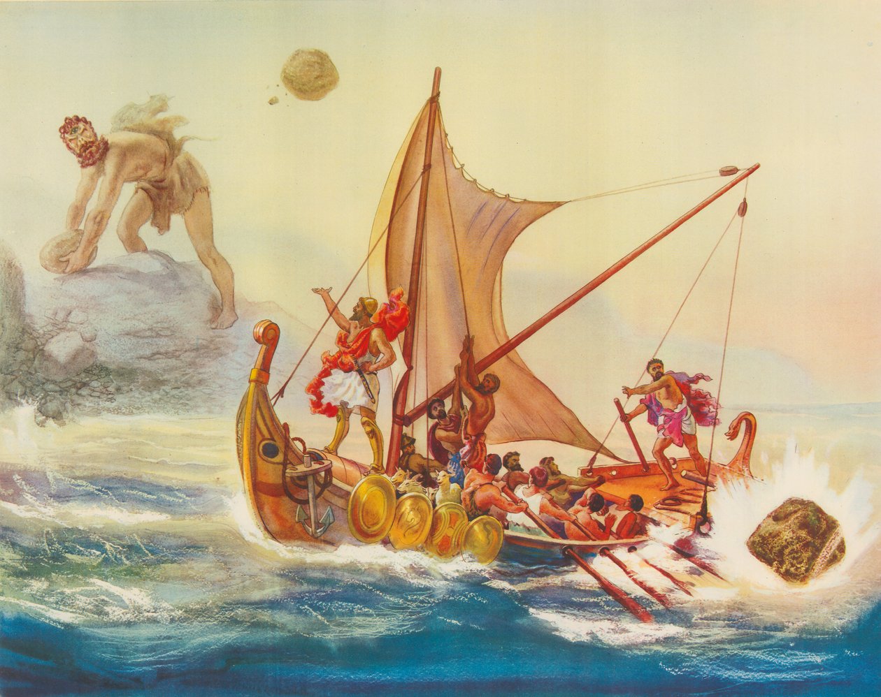 Ulysse se moquant du cyclope (lithographie couleur) - Rene Schutzenberger