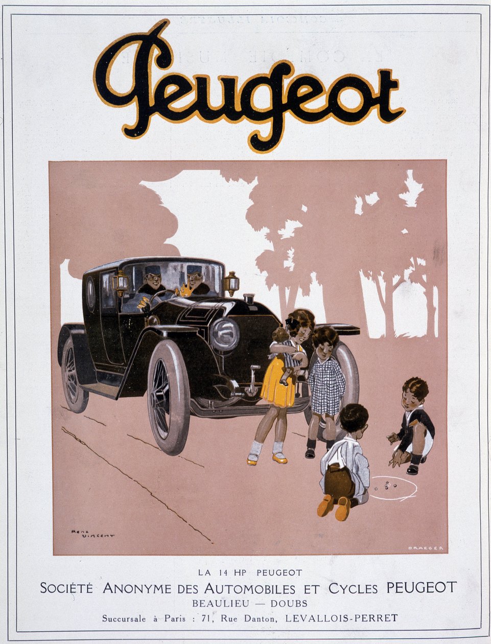 Publicité de Peugeot «La 14 HP Peugeot» dans «Comoedia illustrious» du 20 décembre - Rene Vincent