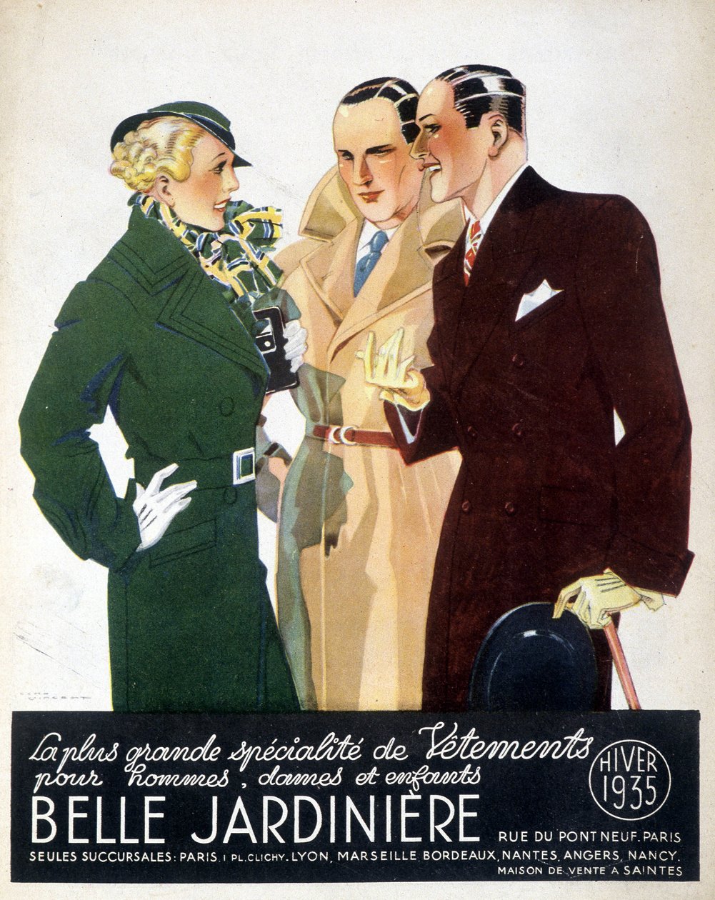 Publicité de "La plus grande spécialité de vêtements pour hommes, dames et enfants Belle Jardinière", hiver 1935 - Rene Vincent