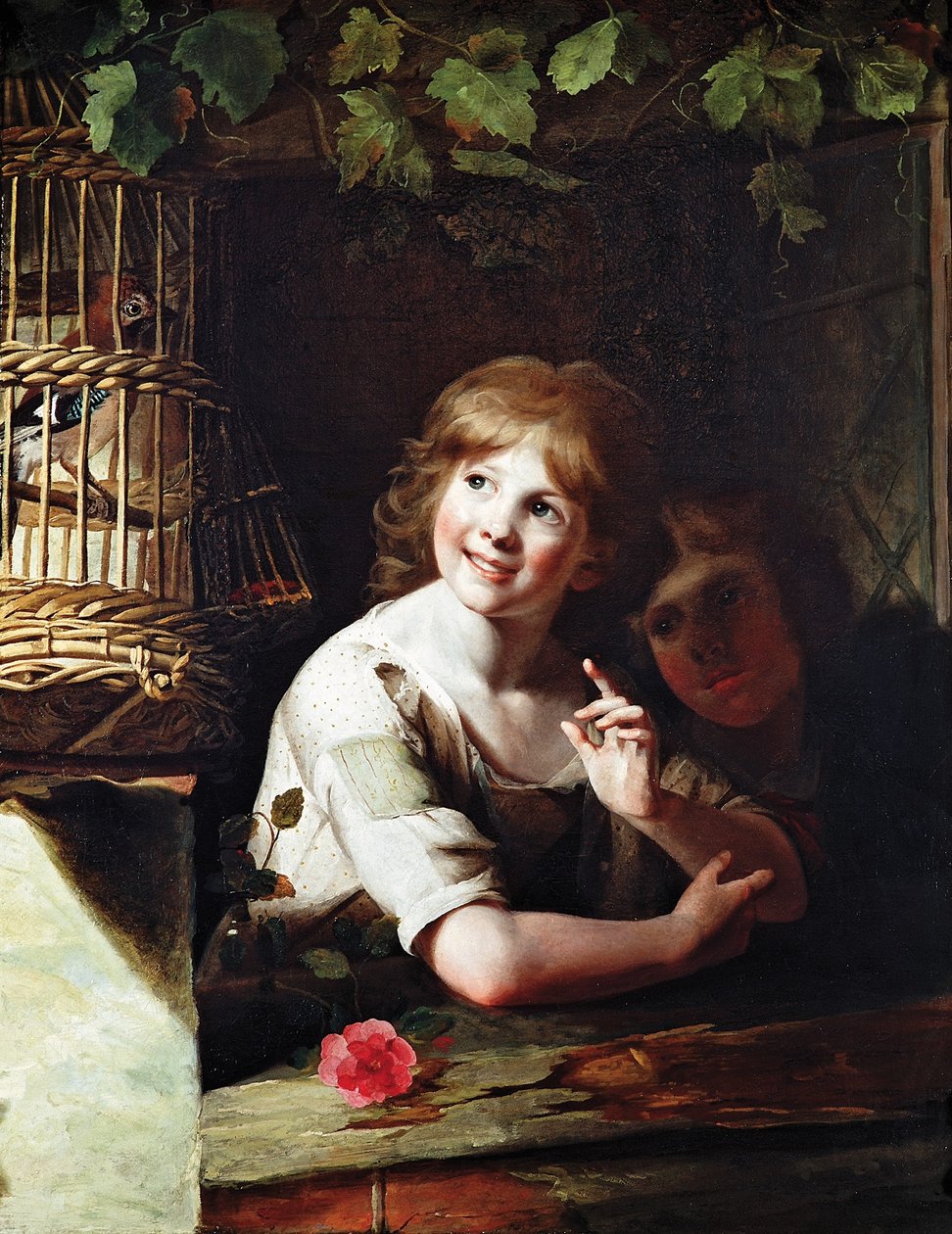 Deux filles avec un geai en cage - Rev. Matthew William Peters
