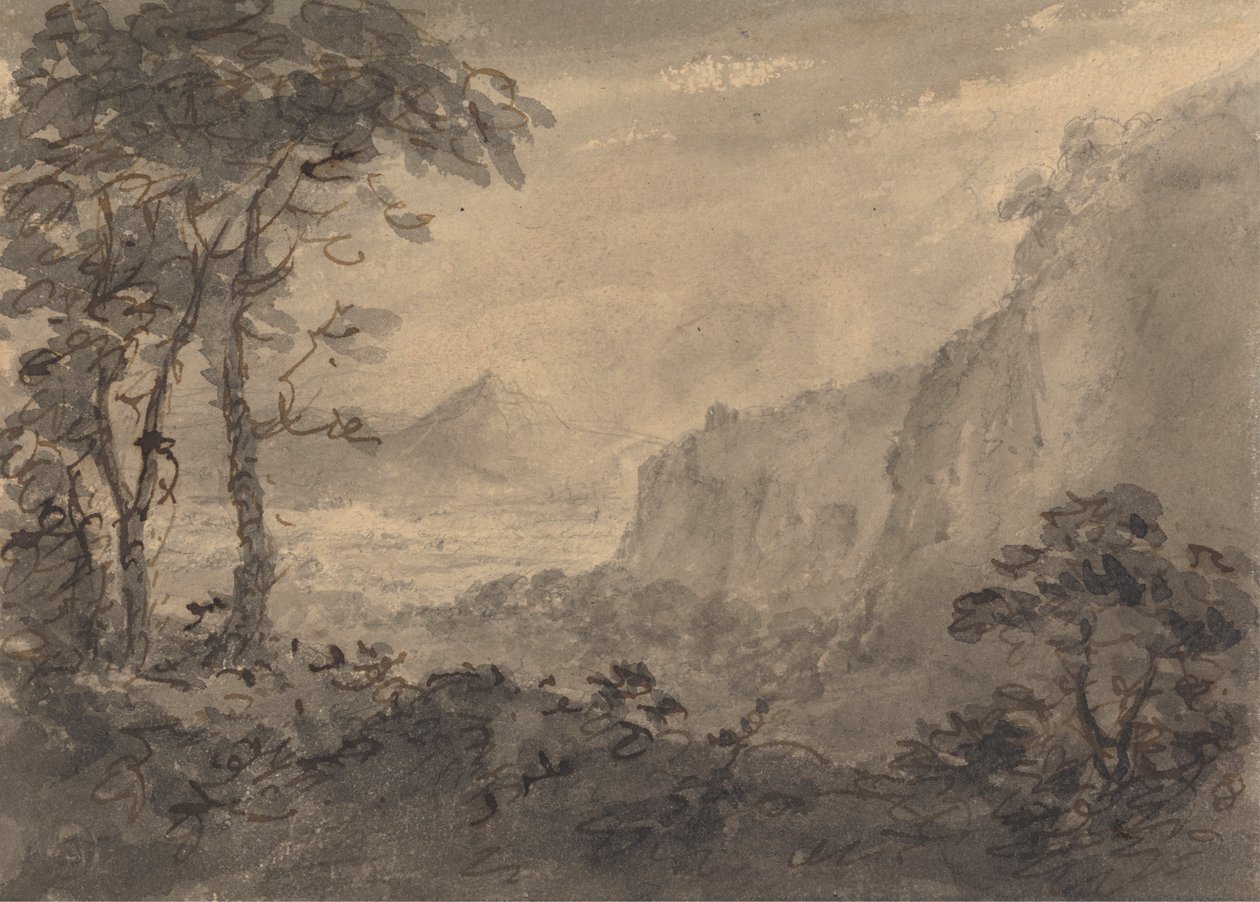 Paysage montagneux avec arbres - Hautes falaises à droite - Rev. William Gilpin