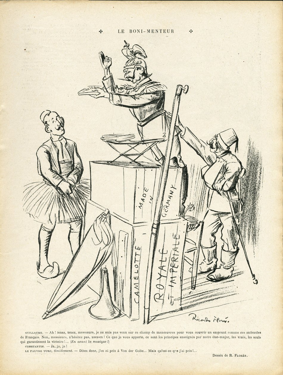 Illustration de Ricardo Flores (1878-1918) dans Le Lire, 20/09/13 - Le Menteur - Allemagne Prusse, Turquie, Guerre de 14-18 Premières Souris - Guillaume II - Ricardo Flores