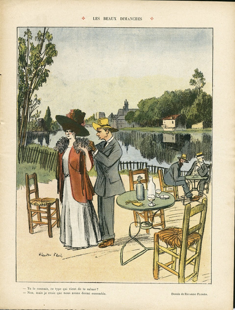 Illustration de Ricardo Flores (1878-1918) dans Le Rire, 04/07/08 - Beaux dimanches - Loisirs, Nature Végétation, Architecture Urbanisme, Restaurant Cafés, Maritime Marine Bord de mer - Ricardo Flores