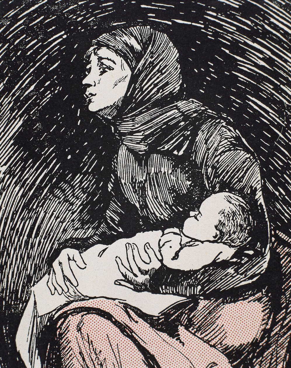 Veille de Noël. 1900. Une femme maigre avec son enfant dans les bras (gravure) - Ricardo Maria Navarrete
