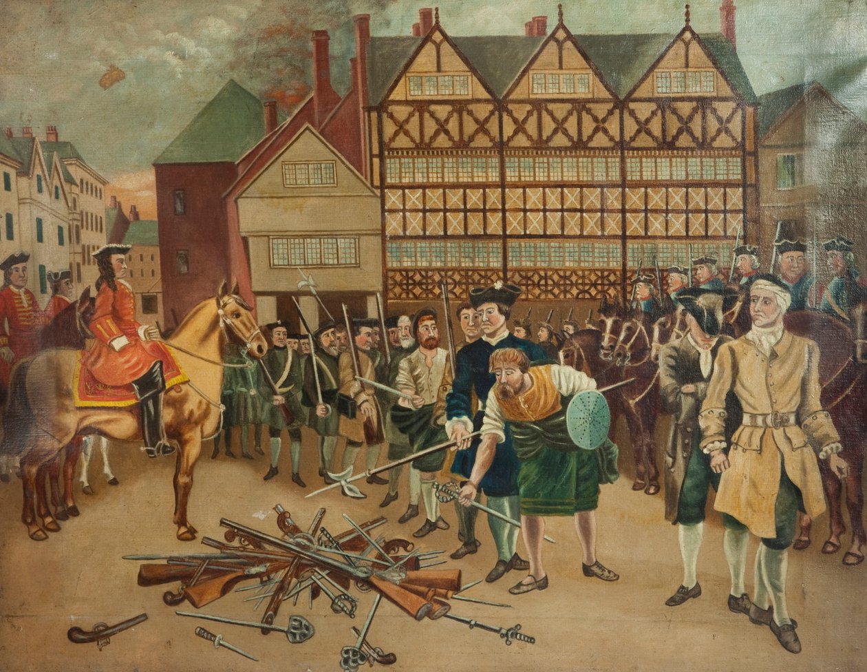 Les troupes jacobites rendent leurs armes au général Wills sur la place du marché de Preston en 1715 - Richard Holmes