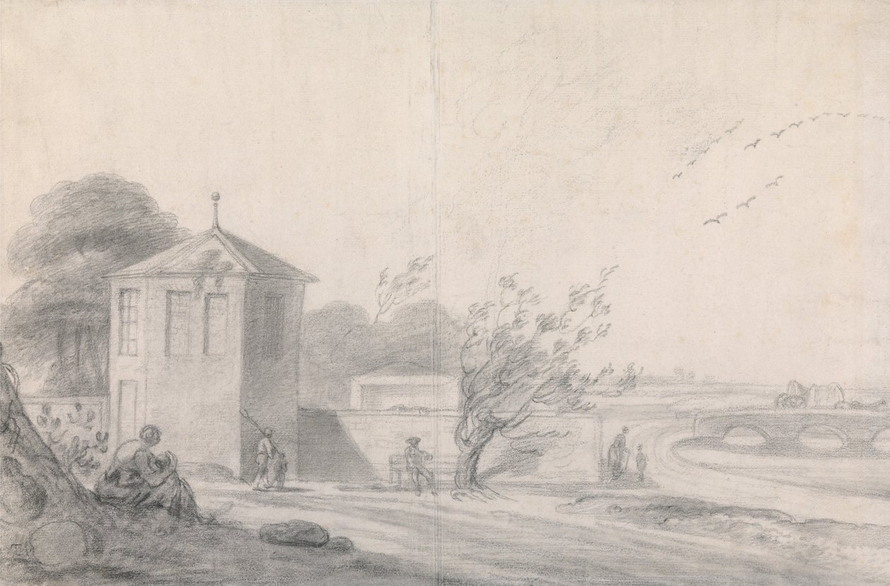 Scène au bord de la rivière avec des figures, bâtiment hexagonal à gauche et chariot tiré par des chevaux traversant le pont à droite - Richard Wilson