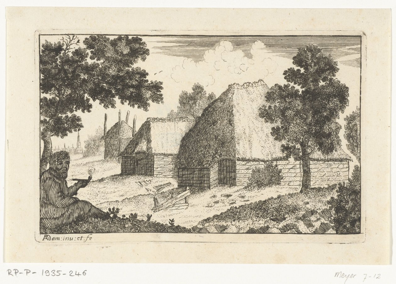 Deux maisons de paysans avec un homme fumant une pipe - Richard Adam