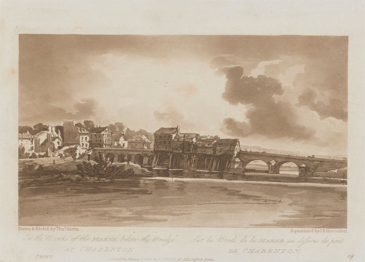 Sur les rives de la Marne sous le pont de Charenton 1803 ; Planche 19 des Vues de Paris, le volume Emanuel traçant la planche B1981.25.2628 - Richard Banks Harraden
