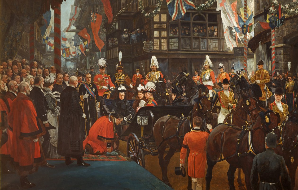 La reine Victoria adoubant Herbert Ashman, Esq., premier lord-maire de Bristol, à la maison du conseil, le 12 novembre - Richard Caton II Woodville