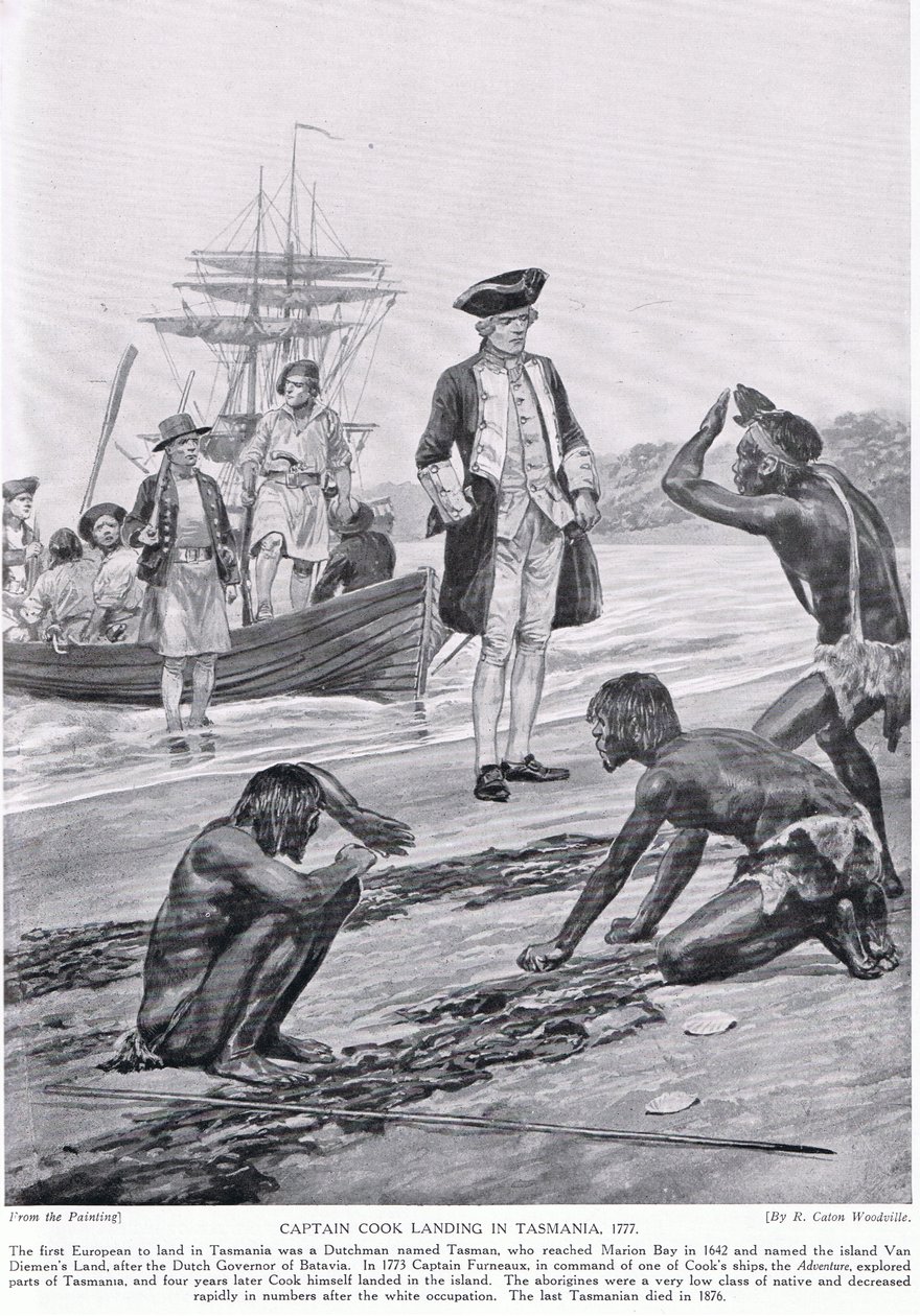 Le capitaine Cook débarquant en Tasmanie, 1777, illustration de 