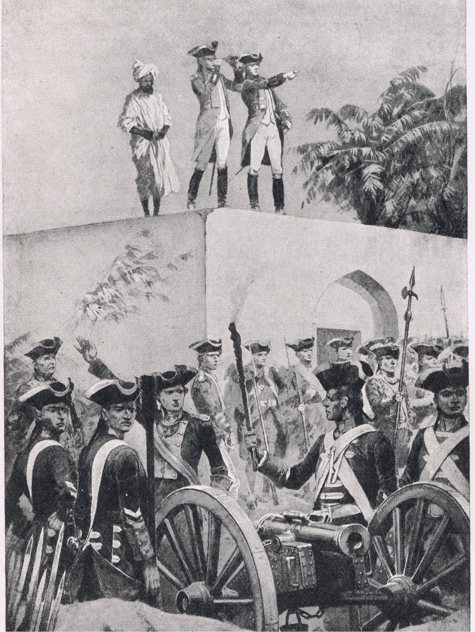 Bataille de Plessey, 23 juin 1757 : Clive sur le toit du pavillon de chasse de Nawab Surat-ud-Daula, illustration de British Battles on Land and Sea, 1915 - Richard Caton Woodville junior