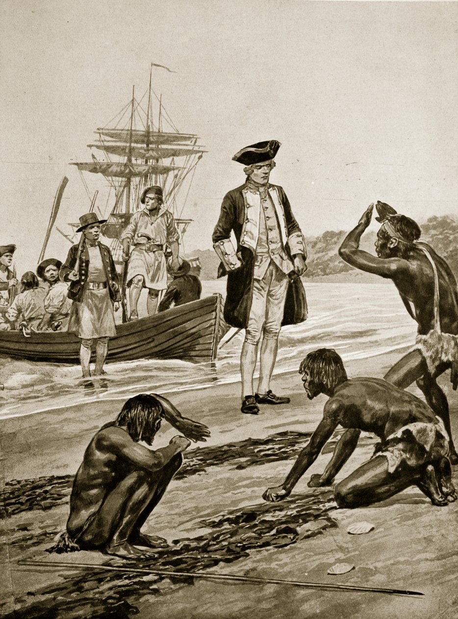 Le capitaine Cook débarquant en Tasmanie, 1777, illustration de 
