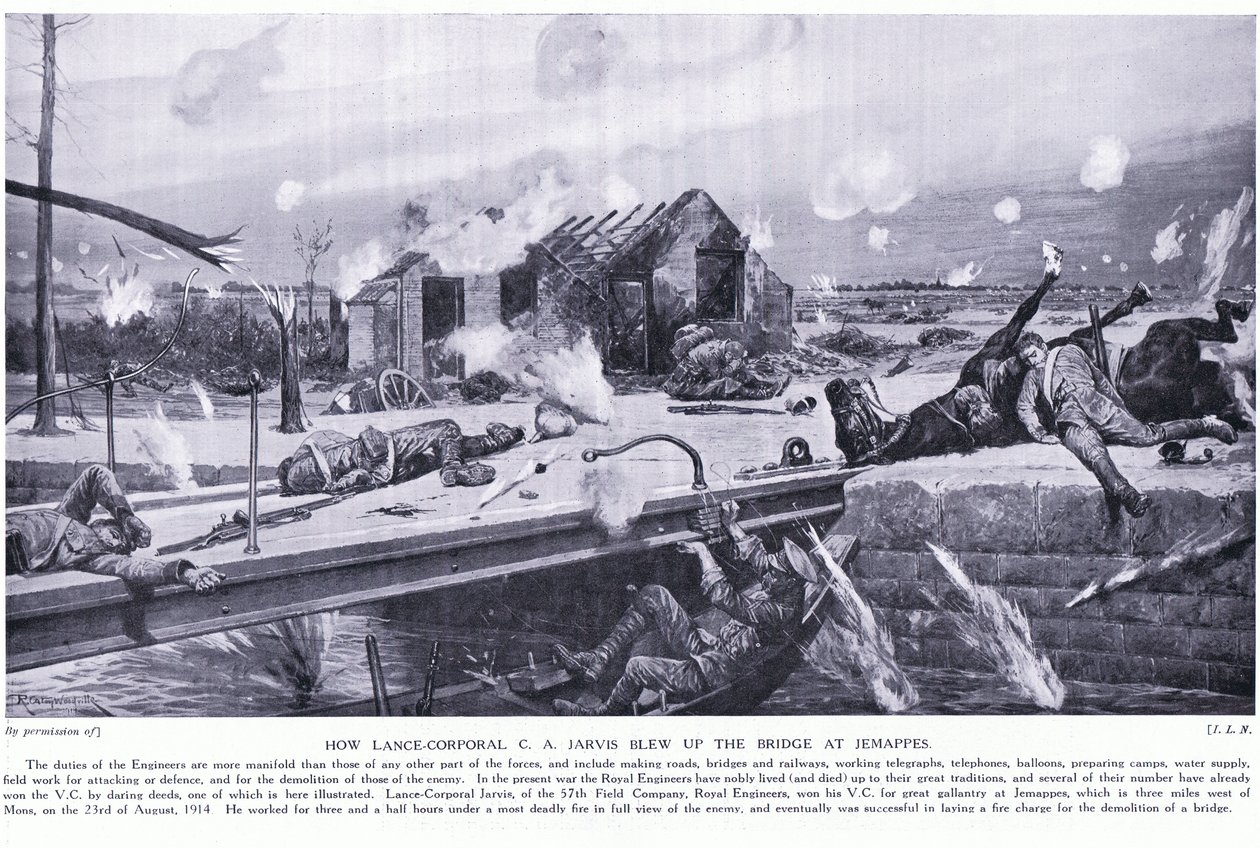 Comment le caporal C A Jarvis a fait sauter un pont à Jemappes près de Mons et a remporté la VC, août 1914 - Richard Caton Woodville junior