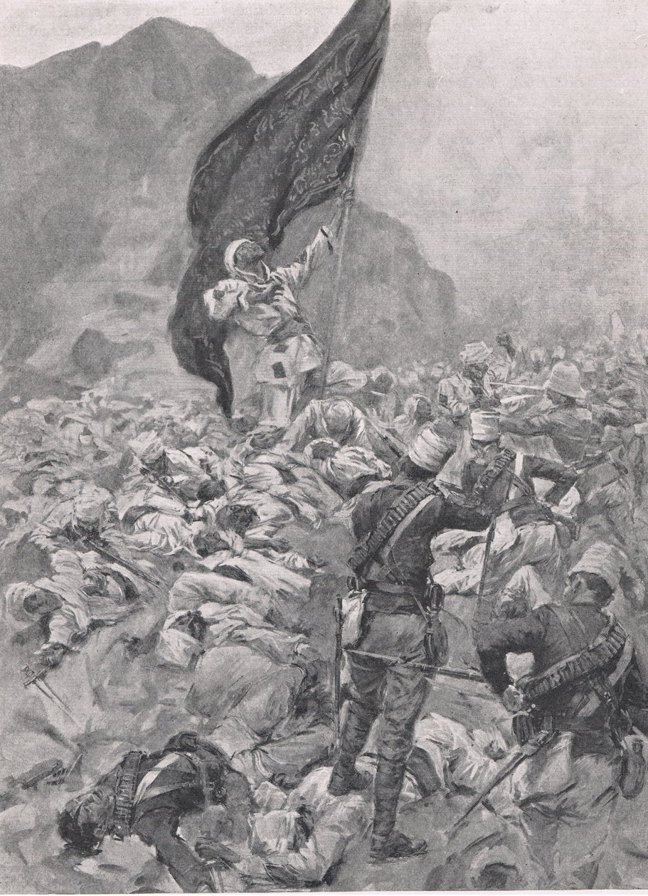 Omdurman : Le dernier porteur du drapeau noir, 2 septembre 1898, illustration de British Battles on Land and Sea, 1915 - Richard Caton Woodville junior