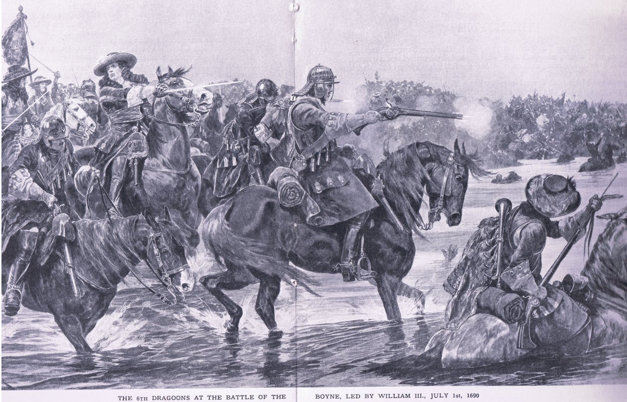 La bataille de la Boyne, 1er juillet 1690, illustration de British Battles on Land and Sea, 1915 - Richard Caton Woodville junior