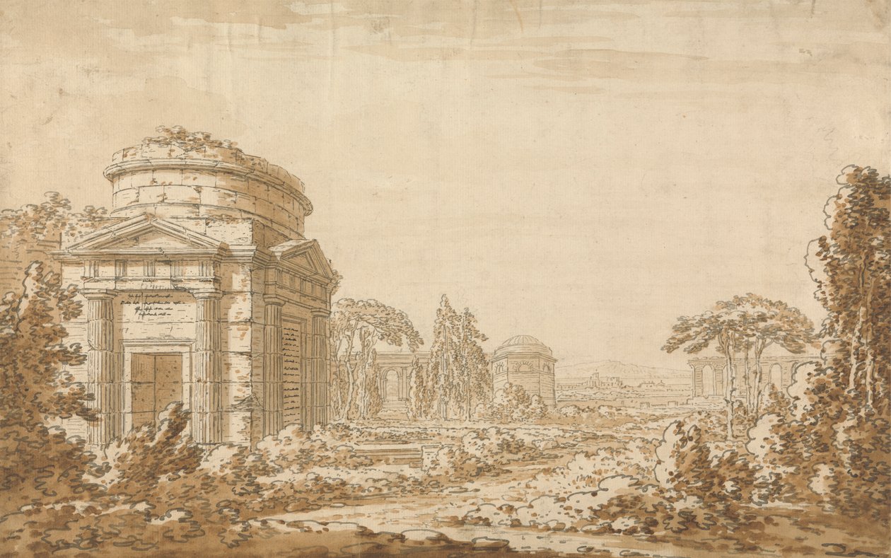Paysage Italien Classique avec Temples et Aqueduc en Ruine - Richard Cooper the Younger