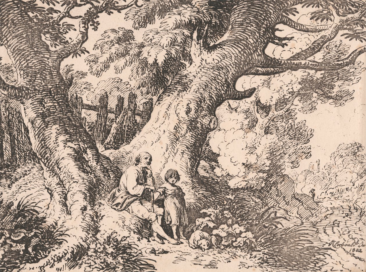 Vieux arbres avec vieil homme, enfant et chien - Richard Corbould