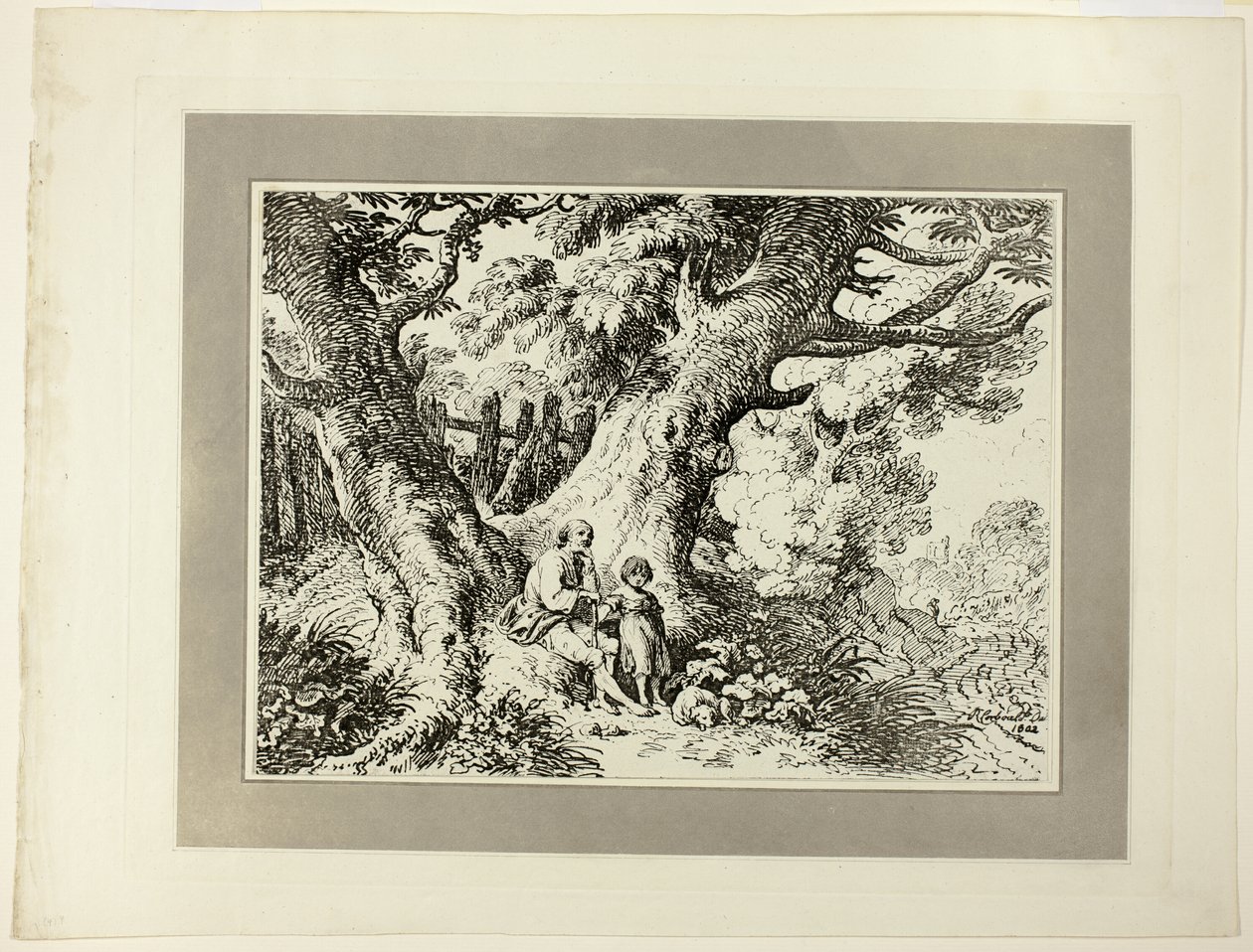 Vieux arbres avec vieil homme, une fille et un chien, du premier numéro de Spécimens de Polyautographie - Richard Corbould