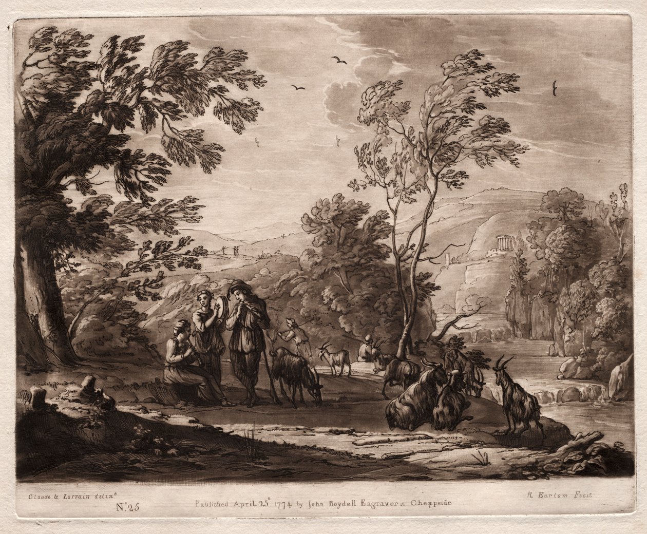 Liber Veritatis : No. 25, Un paysage montagneux et boisé avec des bergers jouant et des chèvres broutant - Richard Earlom