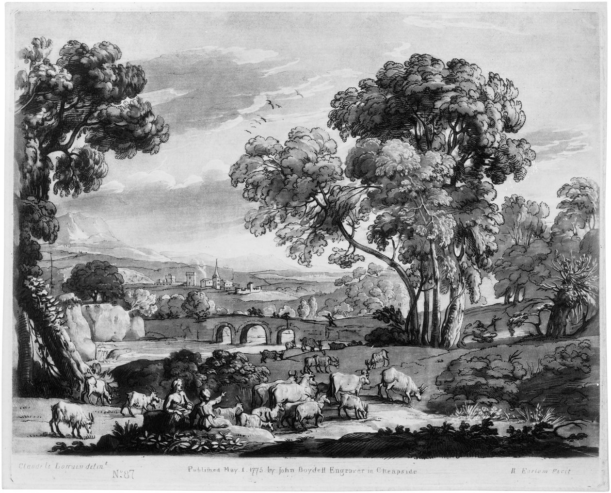 Paysage bucolique avec une rivière et un pont - Richard Earlom