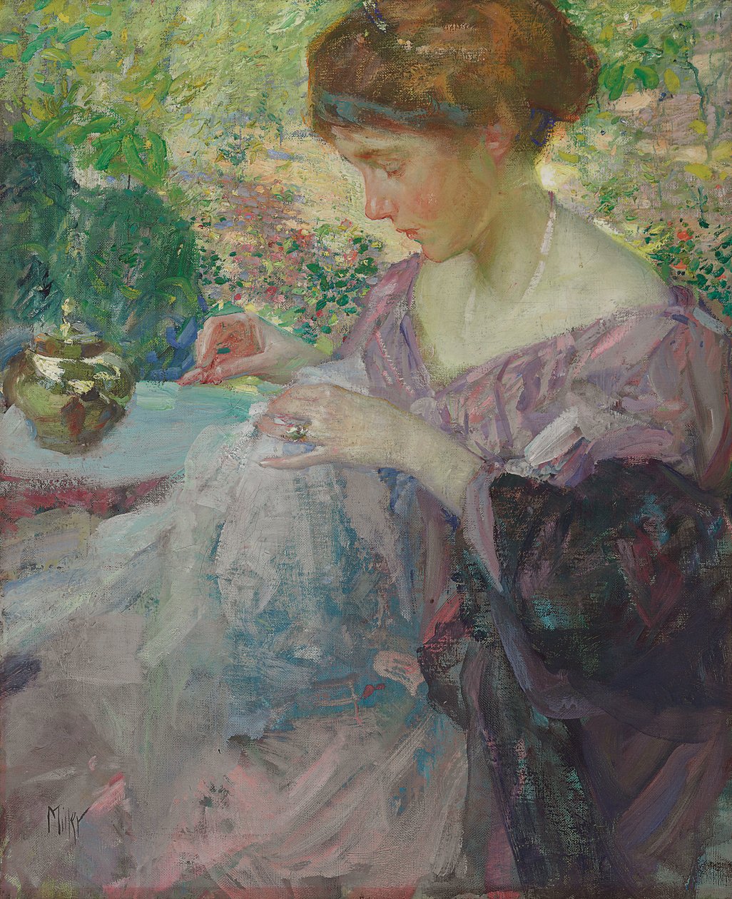 Jeune femme cousant - Richard Emil Miller