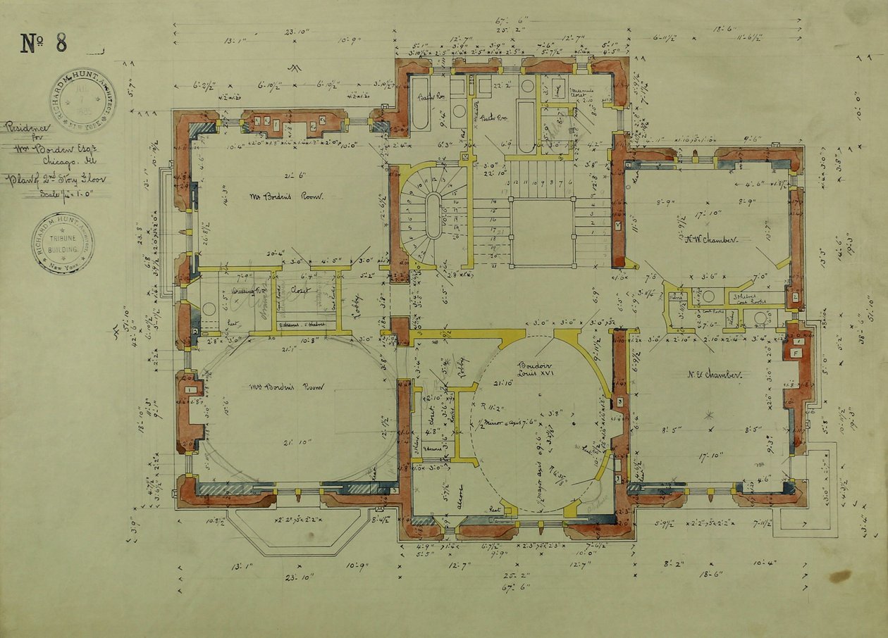 Résidence William Borden, Chicago, Illinois, plan du deuxième étage - Richard Morris Hunt