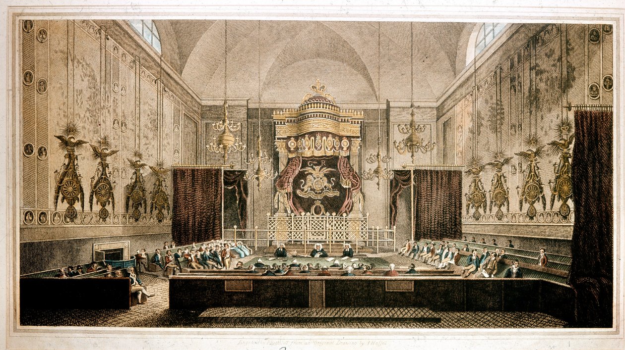 Vue de la Chambre des Lords, chambre haute du Parlement de Grande-Bretagne. Gravure par Rothwell. 19ème siècle Parker Gallery, Londres - Richard Rothwell