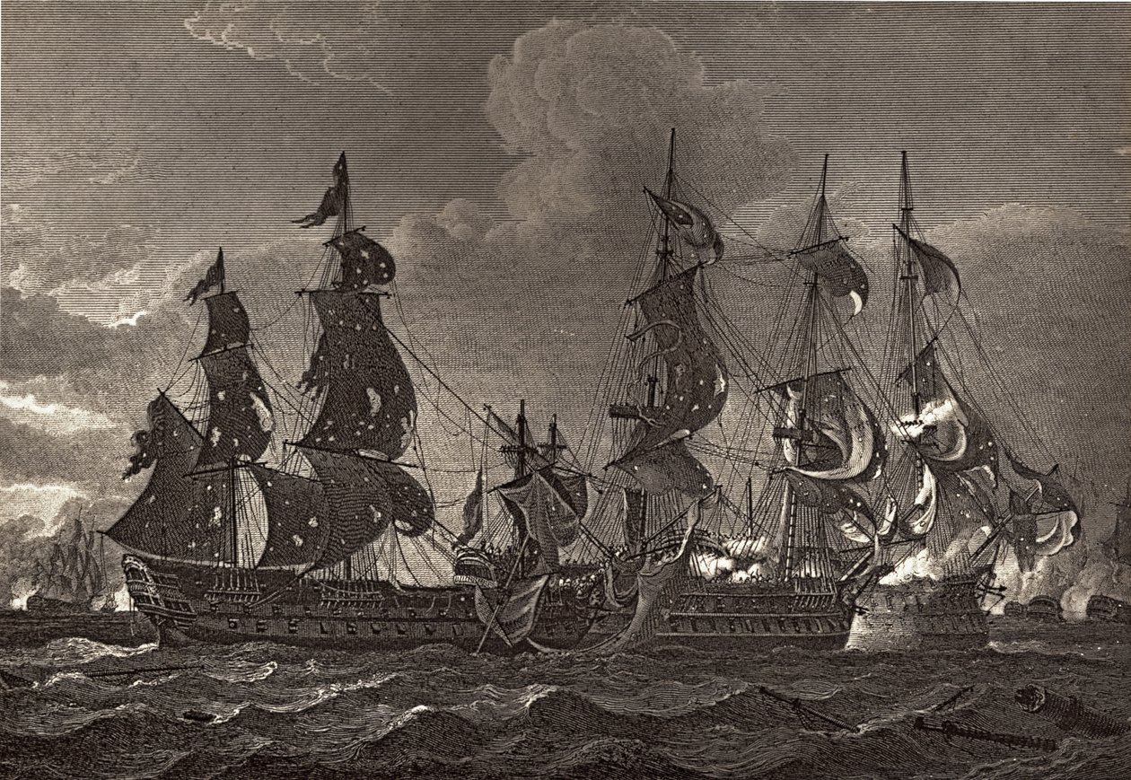 Le capitaine HMS abordant le San Nicholas et le San Josef, illustration de 