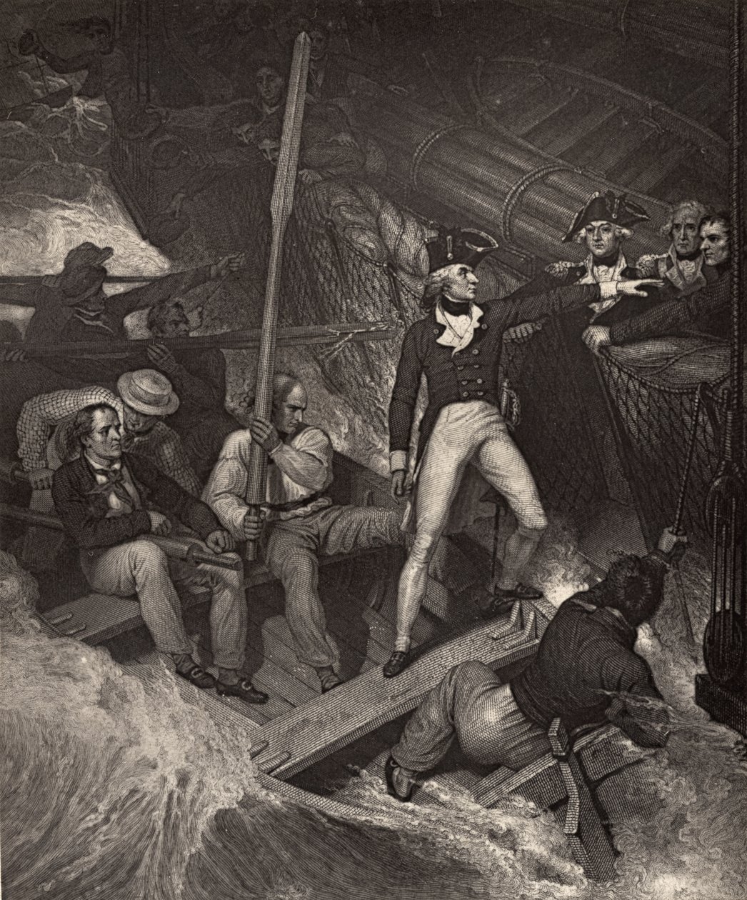 Lieutenant Nelson se portant volontaire pour aborder un prix dans une violente tempête, illustration de 