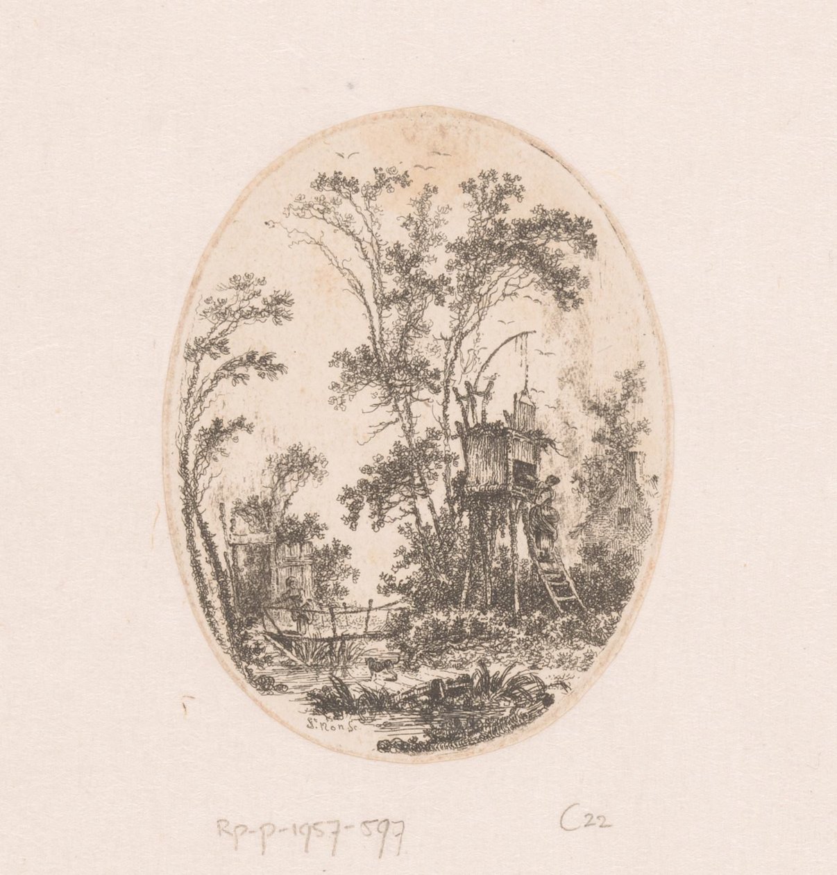Paysage avec structure en bois sur pilotis, à gauche une femme sur un pont - Richard de Saint Non