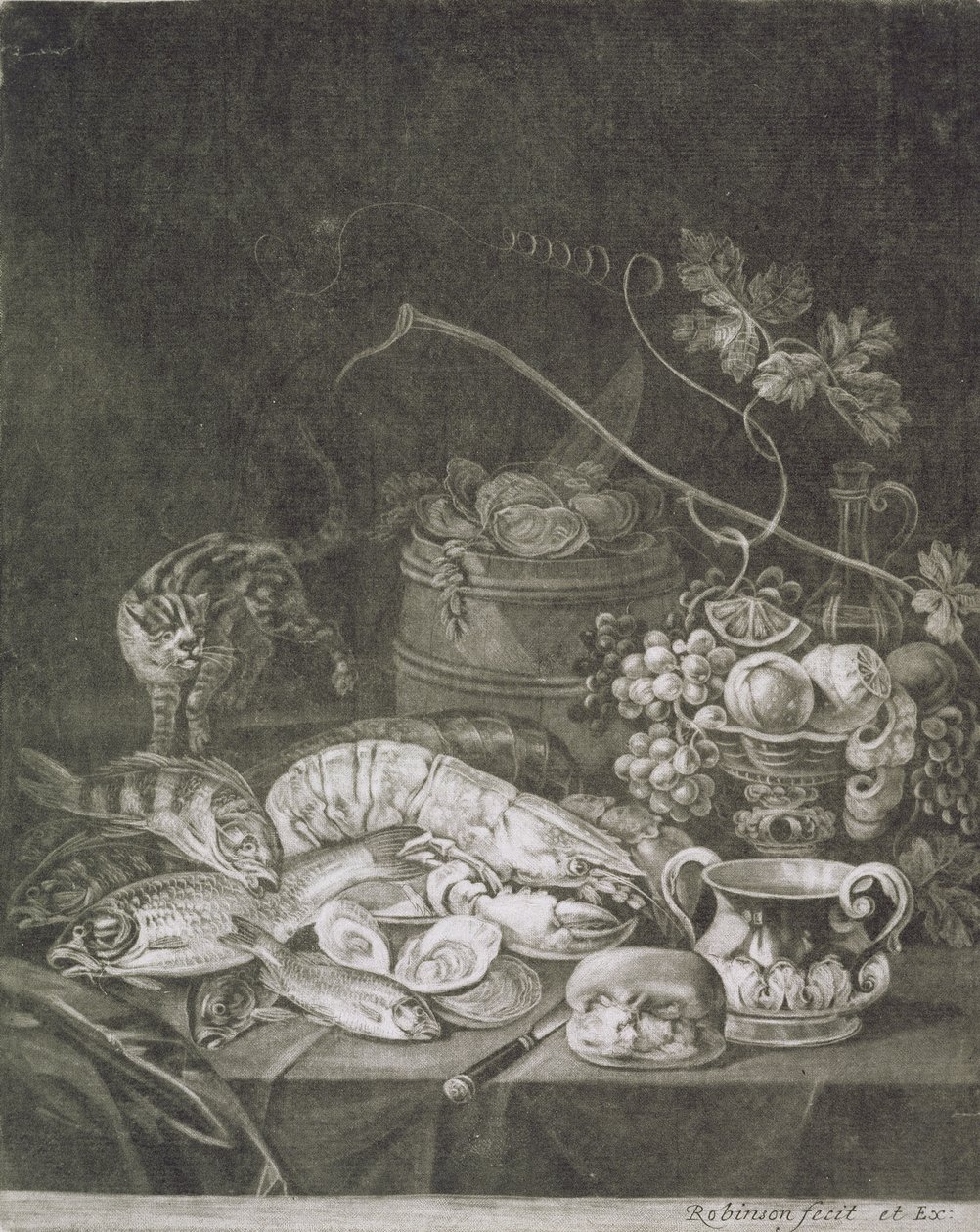 Pièce de banquet avec homards, poissons et chat - Robert Robinson