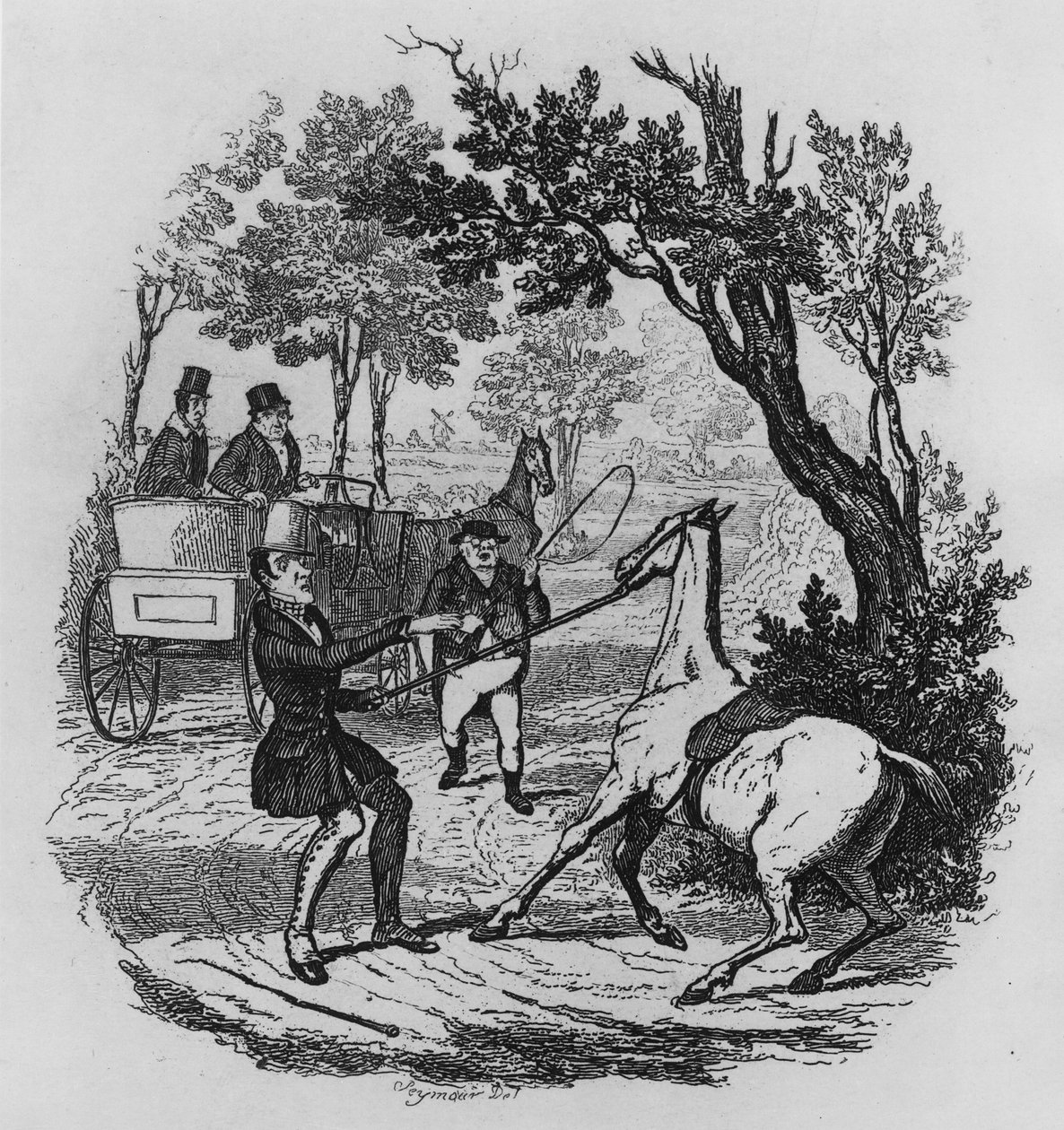 Mr. Winkle et Mr. Pickwick essayant de contrôler leur cheval, illustration de 