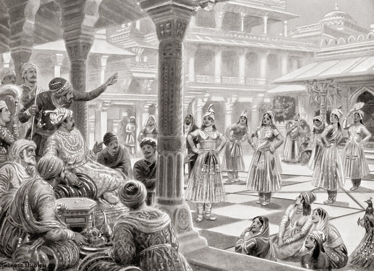 Akbar jouant au pachisi ou chaupur avec des pièces vivantes à Fatehpur Sikri en 1575, tiré de l