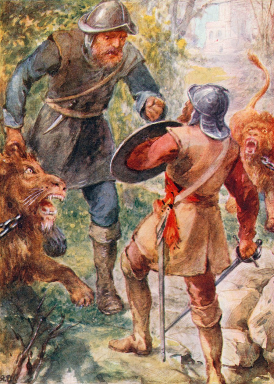 Greatheart attaque Giant Grim (lithographie couleur) - Robert Ambrose (after) Dudley