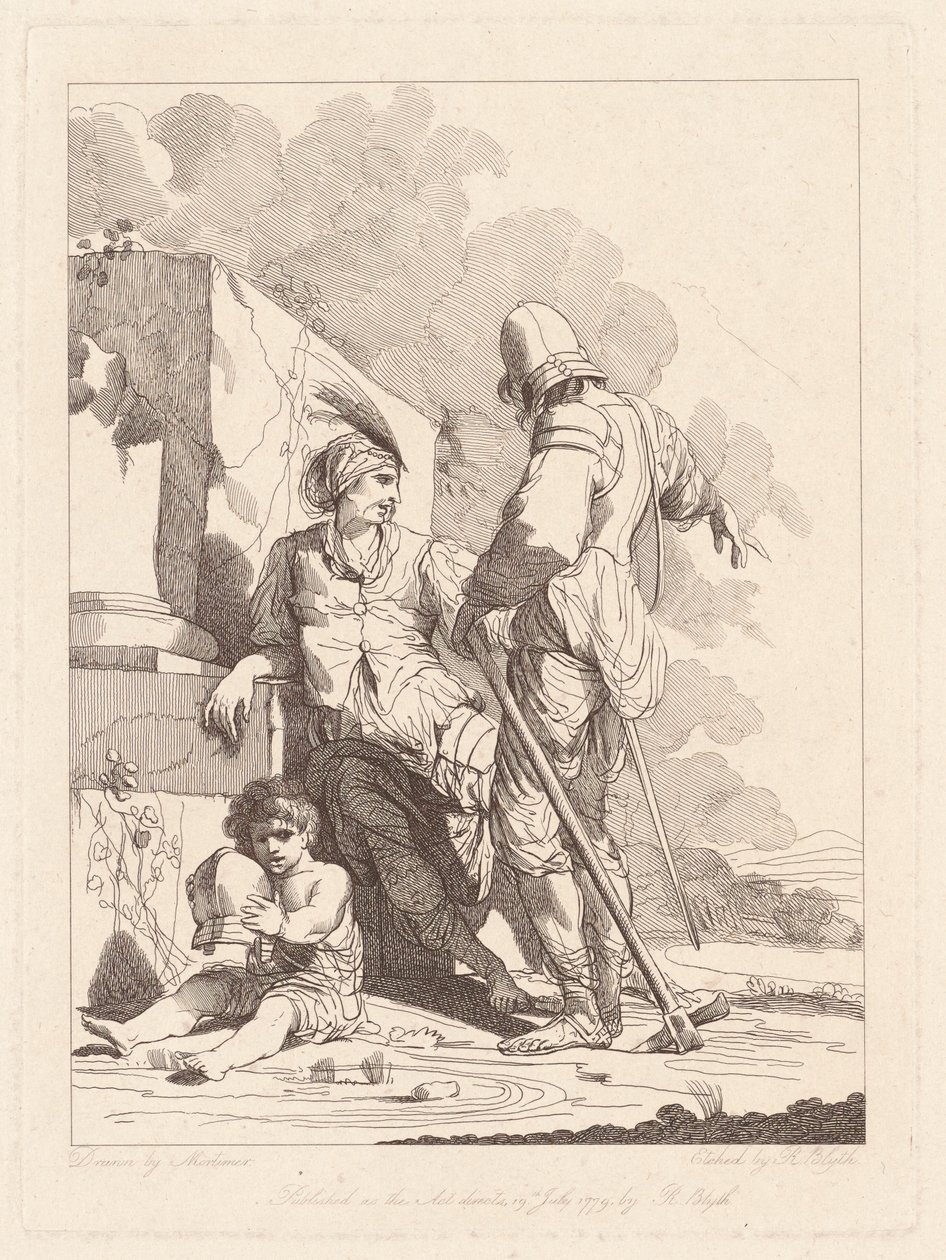 Deux soldats et un enfant tenant un casque - Robert Blyth, after John Hamilton Mortimer