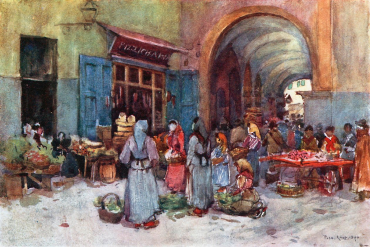 Vendeurs de rue, Pise (lithographie couleur) - Robert Charles Goff