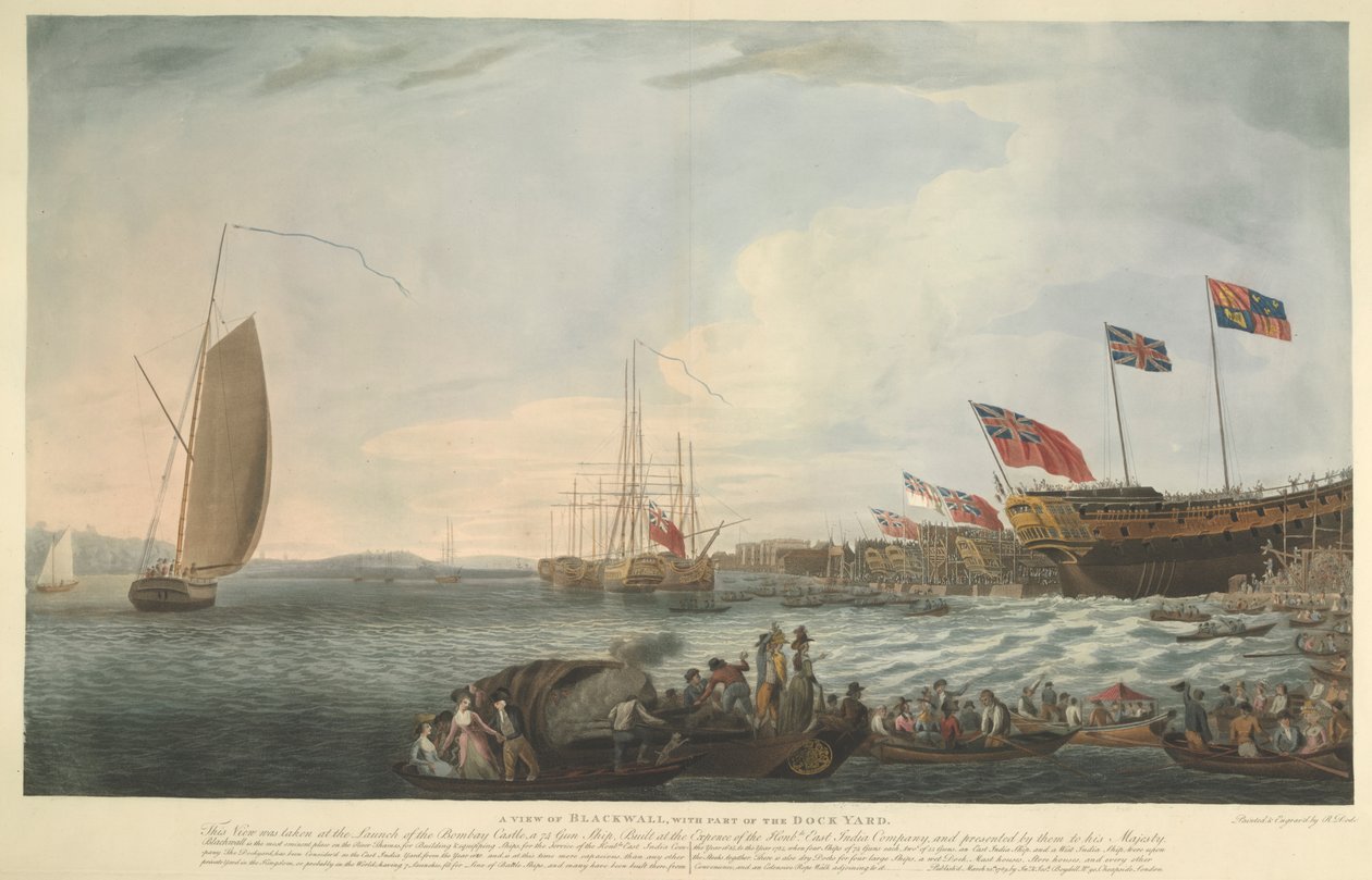 Vue de Blackwall, avec une partie du chantier naval, lors du lancement du Bombay Castle, 74 canons, construit aux frais de la Compagnie des Indes orientales et présenté à Sa Majesté en juin 1782 - Robert Dodd
