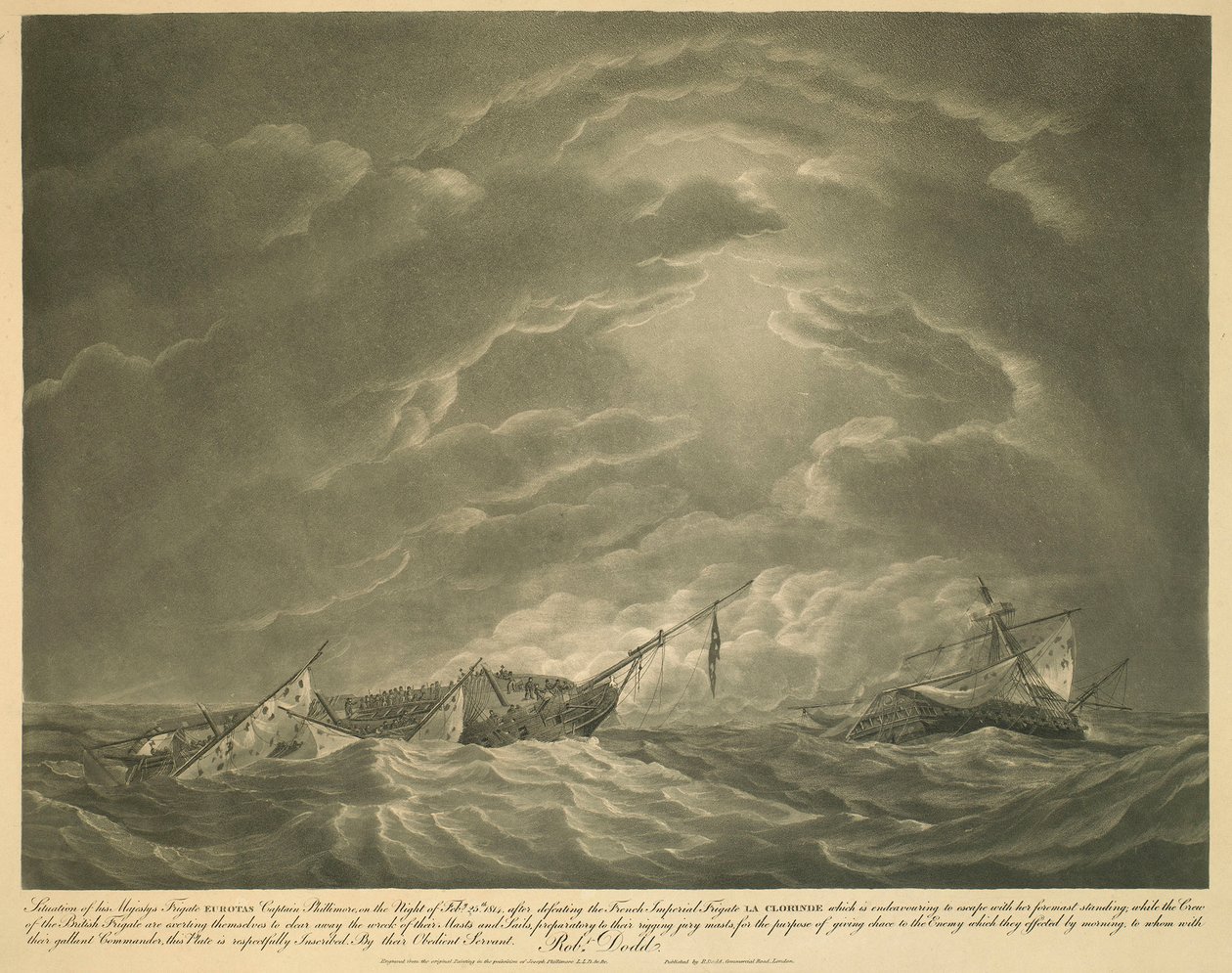 Situation de la frégate EUROTAS de Sa Majesté Capitaine Phillimore, dans la nuit du 25 février 1814, après avoir vaincu la frégate impériale française LA CLORINDE qui tente de s