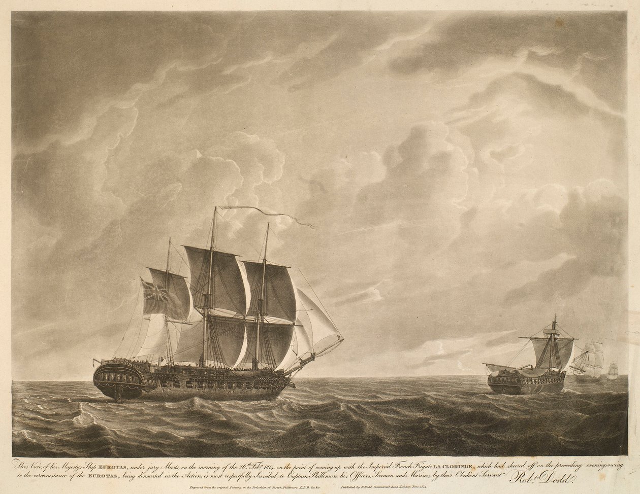 Cette vue du navire de Sa Majesté EUROTAS, sous les mâts du jury, le matin du 26 février 1814, sur le point de rejoindre la frégate impériale française LA CLORINDE, qui s